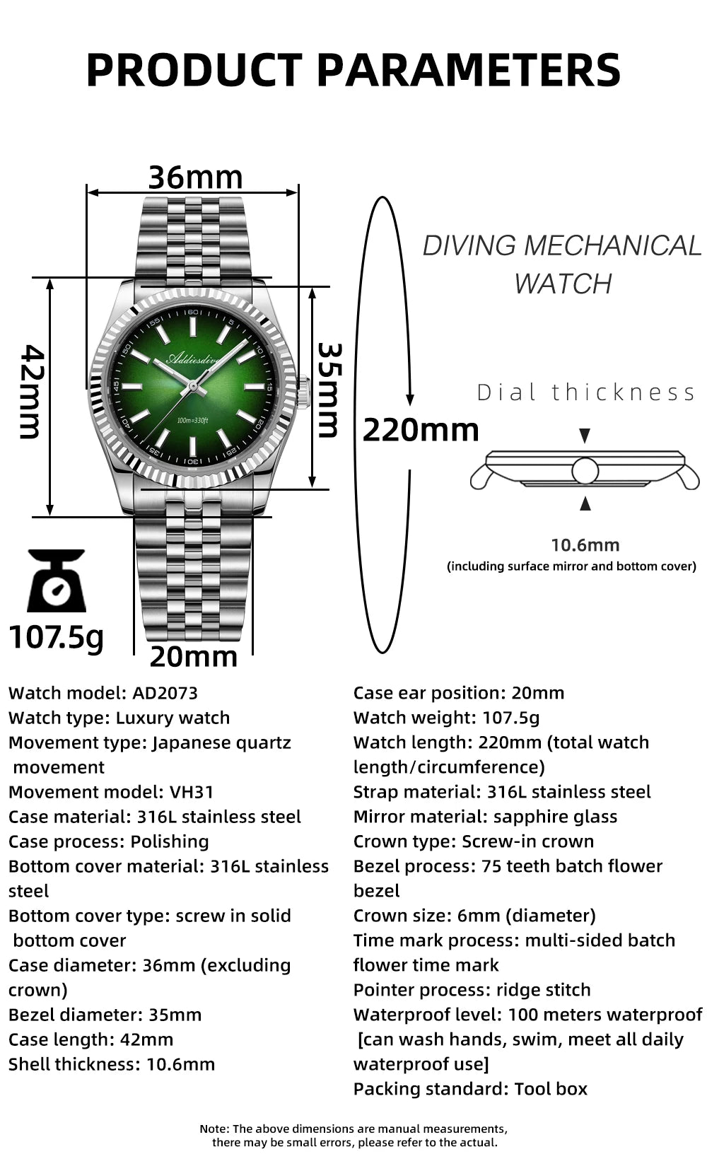ADDIESDIVE AD2073 Men's Business Watch Sapphire Glass Stainless Steel Quartz Wristwatches Gradient Red Dial Watches Reloj Hombre - Sun Studio