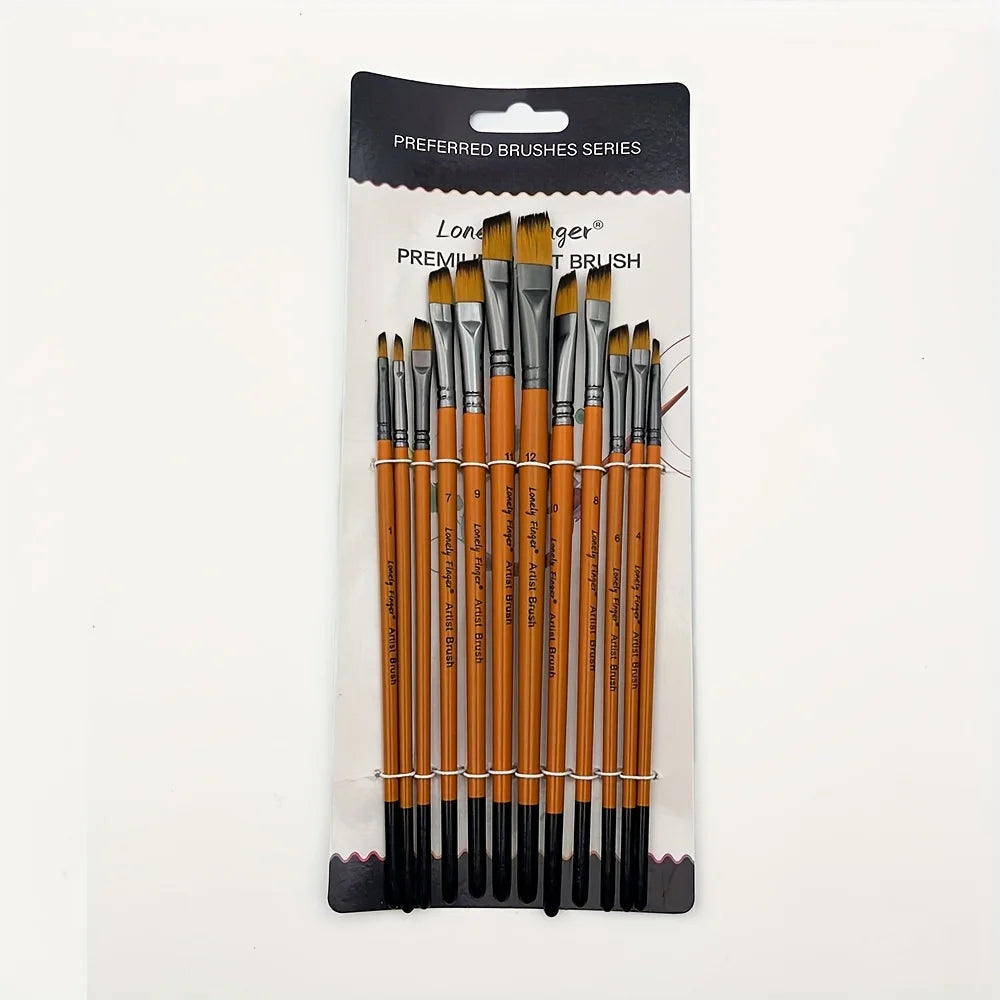12pcs Premium Angular Paint Brushes - High-Quality Nylon Hair Angled Watercolor Brushes for Acrylics, Watercolors, Gouache - Sun Studio