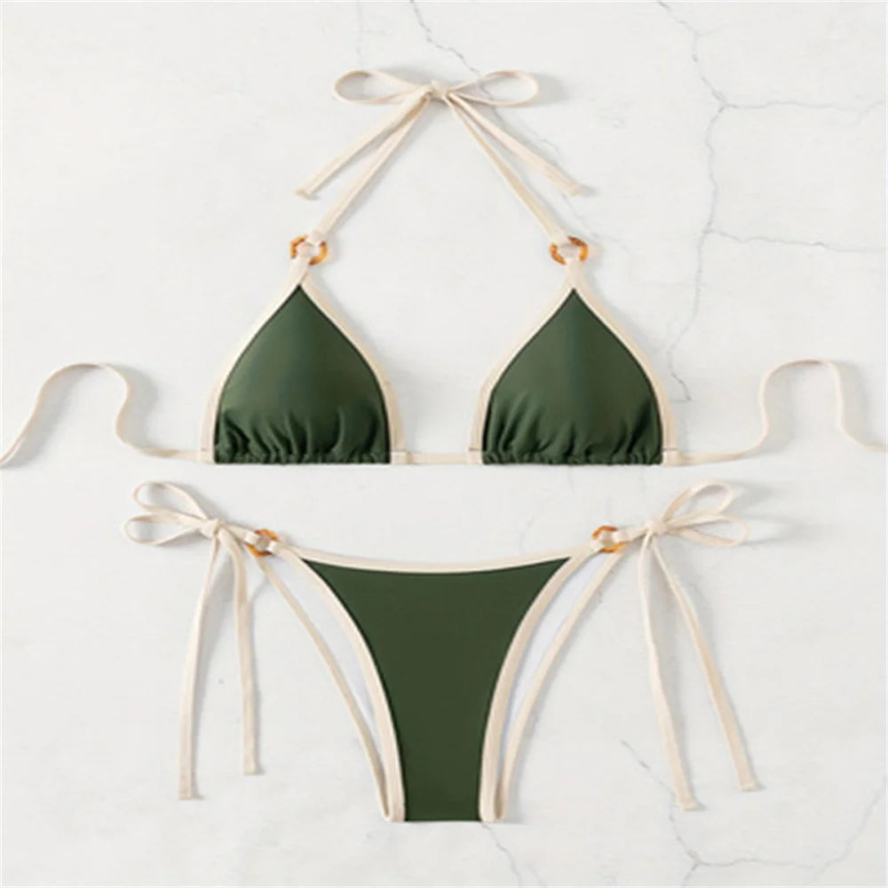 Micro Green Bikinis Halter String Border Y2K Swimsuit Push Up Backless Biquini Vacation Swimwear Women Beach Outfit Bathing Suit - Sun Studio
