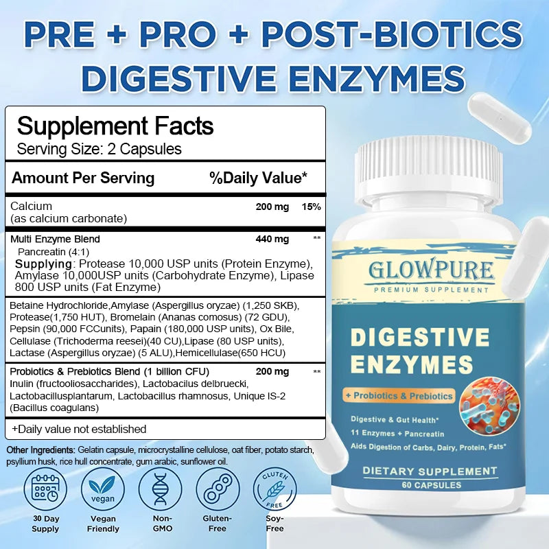 Digestive Enzyme Supplement with Prebiotics & Probiotics - Supports Nutrient Absorption | Gut Health Promotes Digestion | Immune - Sun Studio