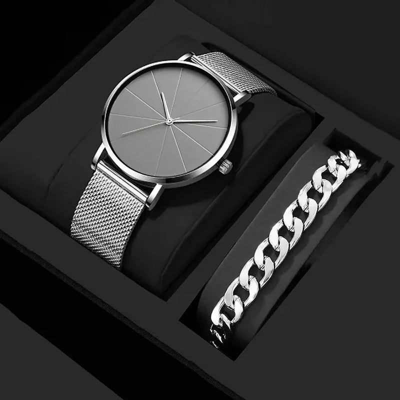 Mens Fashion Business Quartz Wristwatch Fashion Calendar Men Watch Stainless Steel Mesh Belt Men Luxury Silver Bracelet Watches - Sun Studio