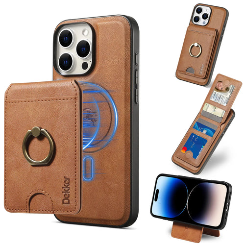 2 in 1 Detachable Vertical Cards Solt Ring Holder Wallet Leather Case For iPhone 16 Pro Max 15 Plus 14 13 12 Magnetic Bag Cover - Sun Studio
