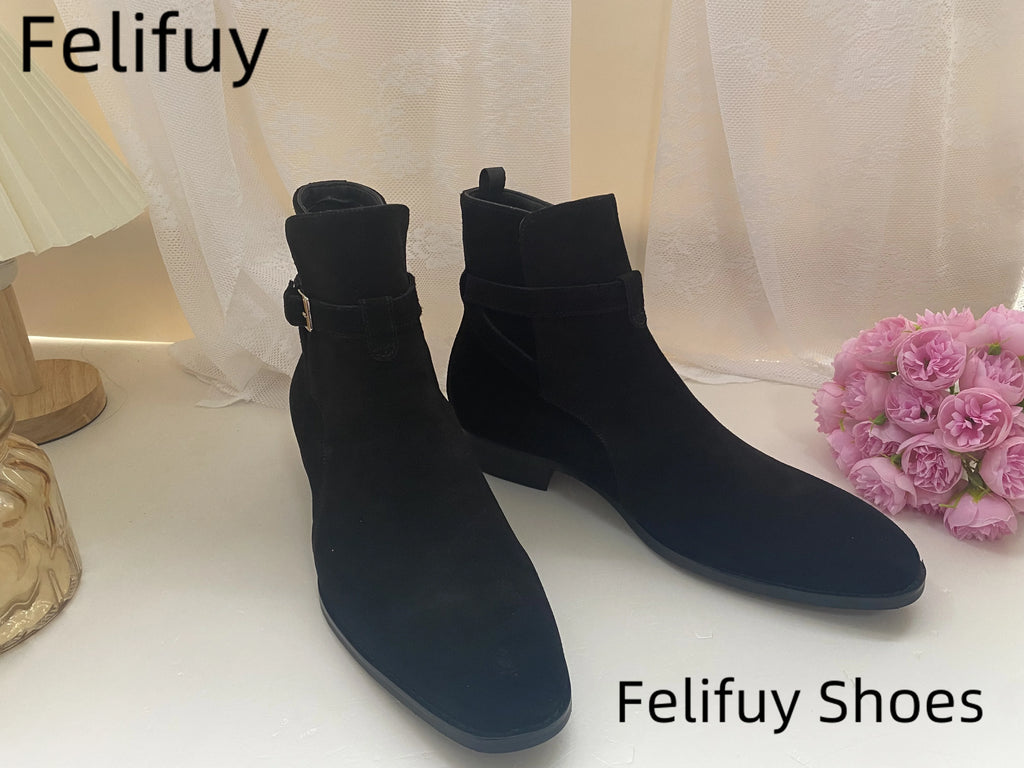 Black Pointed Toe Buckle Strap Ankle Boots Grey Men Hombre Genuine Leather Men Motorcycle Boots For Men Work High Top Men Shoes - Sun Studio