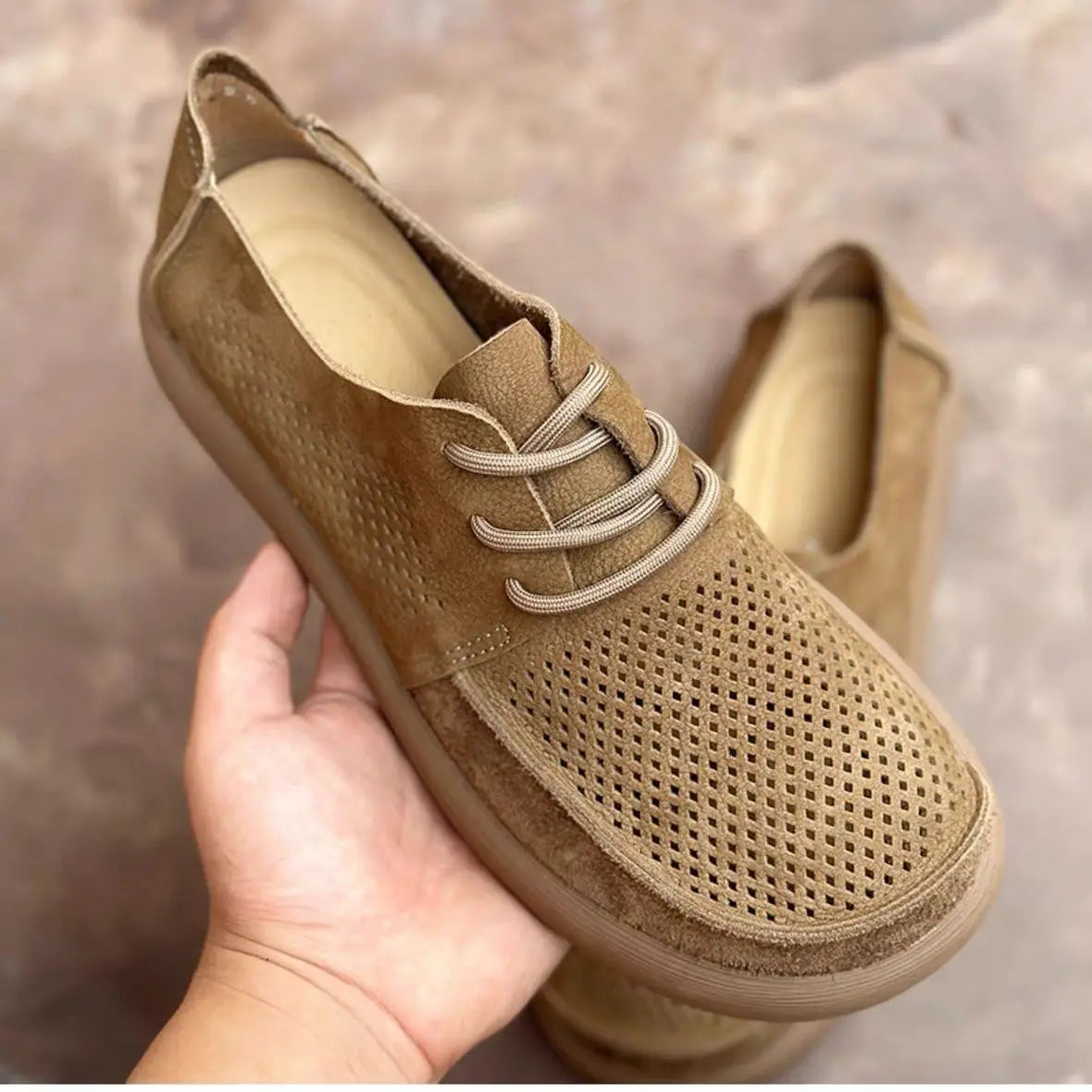 Wide toe hollow natural leather shoes men's 2025 summer new cowhide punched breathable soft leather soft sole singlecasual shoes - Sun Studio
