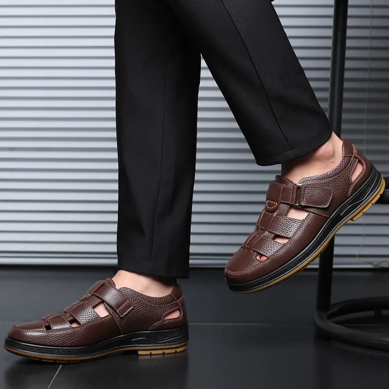 Classic High Quality Leather Business Sandals Summer Outdoor Hiking Shoes Handmade Sandals Fashion Comfortable Men Beach Shoes - Sun Studio