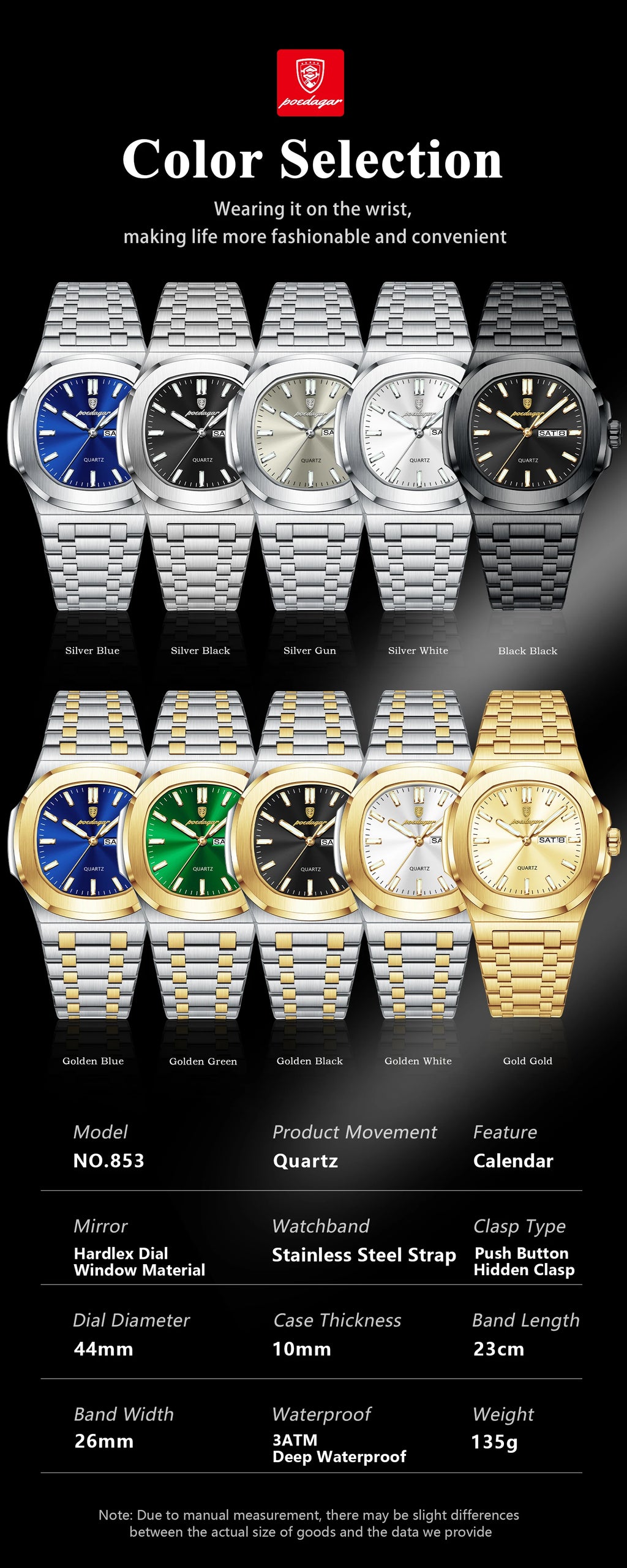 POEDAGAR Luxury Square Men's Watches Waterproof Luminous Date Week Men Watch Stainless Steel Fashion Quartz Man Wristwatch Reloj - Sun Studio