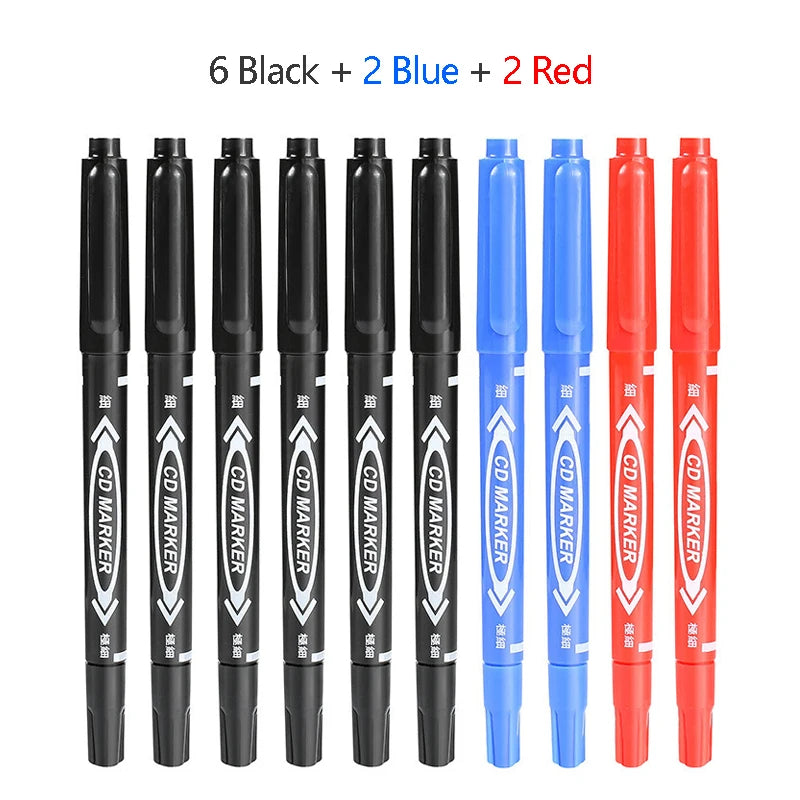 10pcs Wholesale Twin Tip Permanent Marker Pen Fine Point Waterproof Ink Thin Nib Crude Nib Black/Blue/Red Ink 0.5-1mm Fine Color - Sun Studio