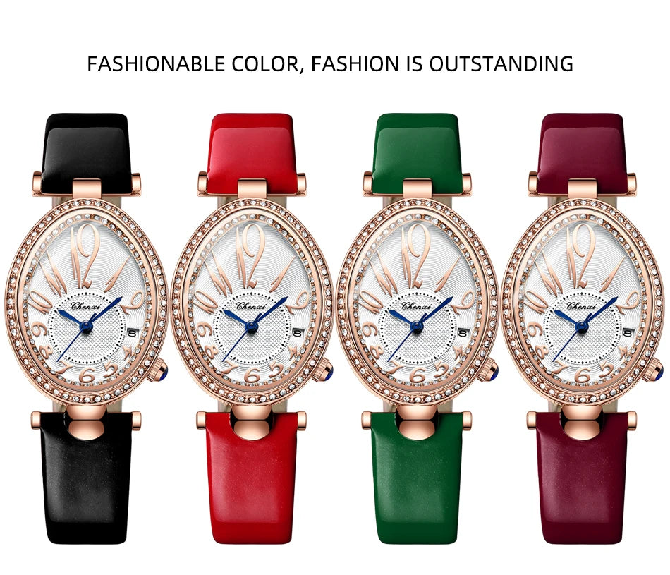 Luxury Watch For Women Diamond Waterproof Quartz Ladies Watches Fashion Elegant Oval Calendar Wristwatche Leather Strap - Sun Studio
