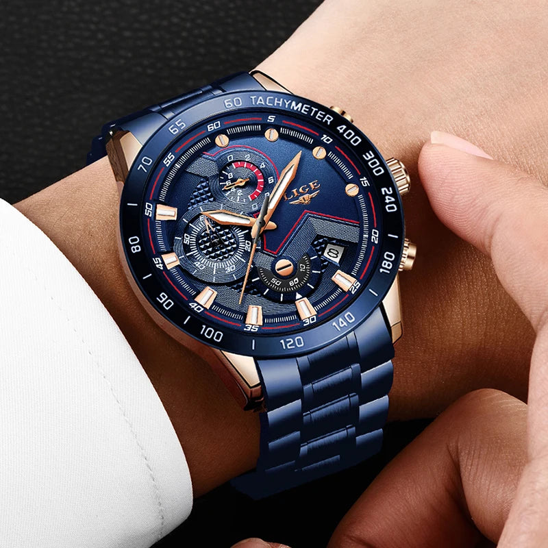 LIGE Business Men Watch Luxury Brand Stainless Steel Wrist Watch Chronograph Army Military Quartz Watches Relogio Masculino+BOX - Sun Studio
