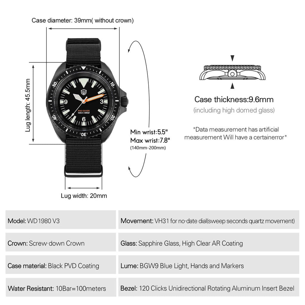 Watchdives WD1980 V3 Luxury Watch VH31 Scanning Quartz Movement AR Coating Sapphire Glass 10Bar Waterproof Men's Watches - Sun Studio