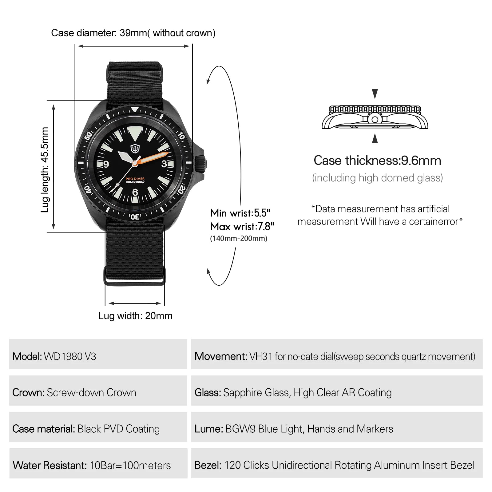 Watchdives WD1980 V3 Luxury Watch VH31 Scanning Quartz Movement AR Coating Sapphire Glass 10Bar Waterproof Men's Watches - Sun Studio