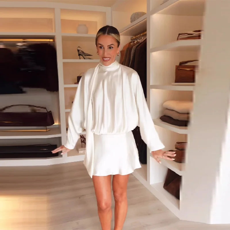 Women's Elegant white Ruched Short Dress Fashion Casual Stand Neck Long Sleeve Mini Dresses 2025 Autumn party Female Clothing - Sun Studio