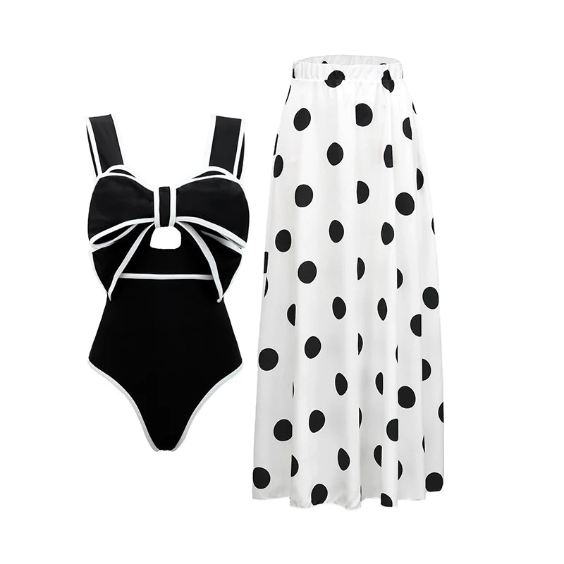 2024 Sexy Damen Badeanzug mit Rock Einteiler Badebekleidung Vintage Rüsche V-Ausschnitt Cover Up Bikinis Set Strandmode Badeanzug