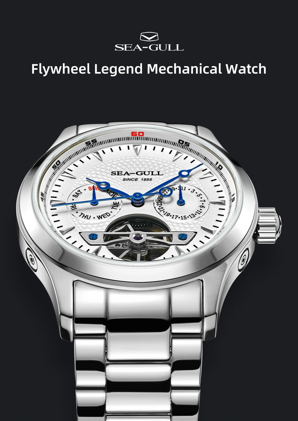 Sea-Gull Mechanical Men's Watch Hollow Flywheel Automatic Watch Multifunction 316L Stainless Steel Calendar Brand Watches M160S - Sun Studio