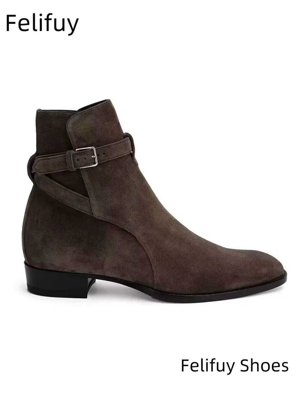 Black Pointed Toe Buckle Strap Ankle Boots Grey Men Hombre Genuine Leather Men Motorcycle Boots For Men Work High Top Men Shoes - Sun Studio
