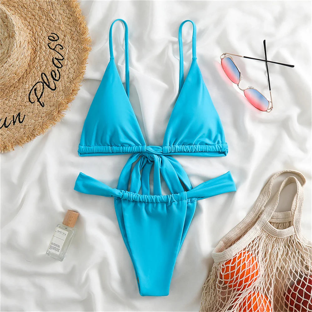 Purple Bikini Triangle Sling Extrem Push Up Swimsuit Backless Bandage Swimwear Women Holiday Beach Outfit Bathing Suit Sexys Set - Sun Studio