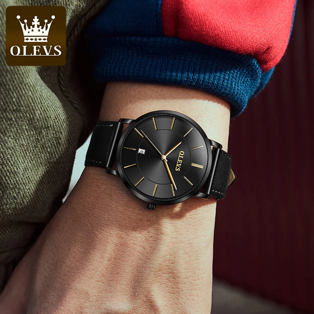 OLEVS 6.5mm Ultra Thin Quartz Watches Mens Top Brand Luxury Leather Waterproof Clock Male Classic Men Business Watch with Date - Sun Studio