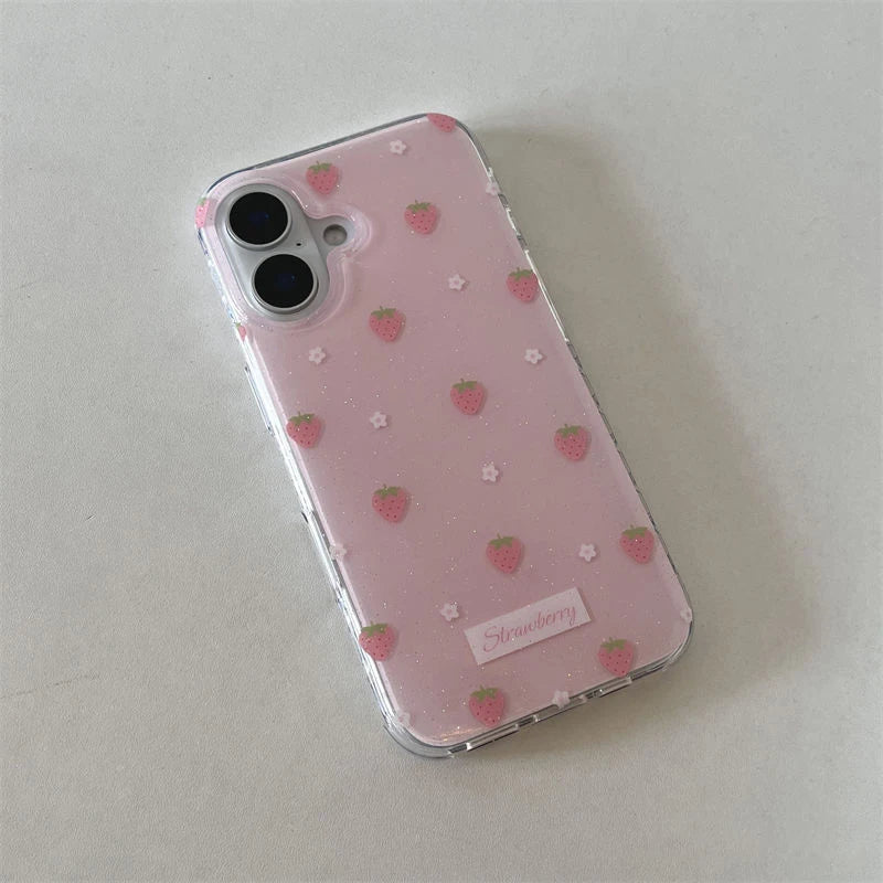 Japan Korean Ins Sparkling Pink Flowers Strawberry Minimalism Phone Case For iPhone16 15 14 13 12 11Pro Max Plus Anti Fall Cover - Sun Studio