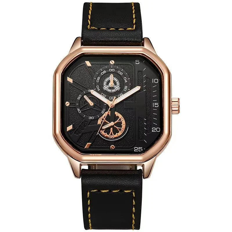 YIKAZE Alloy Men Quartz Watches Leather Strap Big Dial Student Square Sports Watch Cool Black Men's Watch Waterproof  Wristwatch - Sun Studio