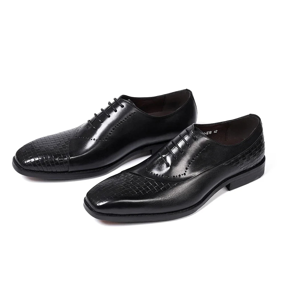 Men's Genuine Leather Oxfords Fashion Pointed Toe Wedding Party Dress Shoes Luxury Lace-Up Office Career Formal - Sun Studio