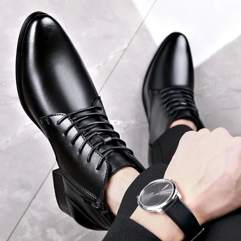 Men's Boots Fashion High-top Casual Boot Pointed Tip Business Leather Boots for Men Plush Warm Winter Boots Lace Up Ankle Botas - Sun Studio