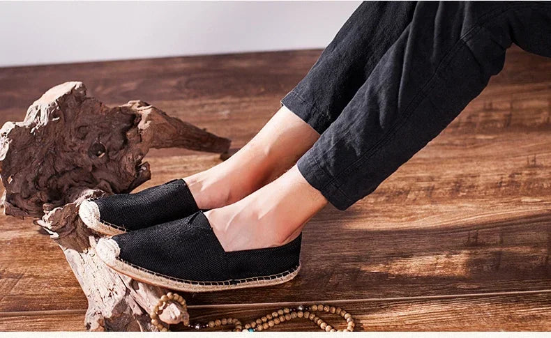 Women Sewing Flax Shoes Slip on Loafers Casual Shoes Man Espadrilles Hemp Canvas Flat Shoes Plus Size Fisherman Driving Footwear - Sun Studio