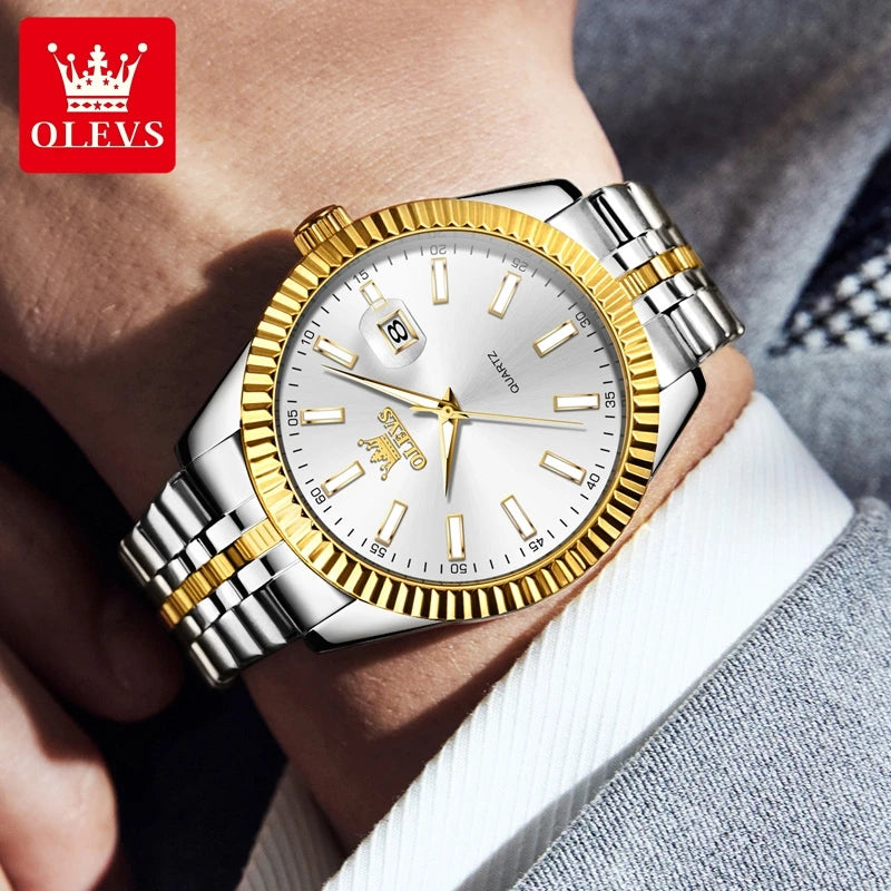 OLEVS Brand New Fashion Quartz Watch for Men Luxury Stainless Steel Waterproof Luminous Calendar Mens Watches Relogio Masculino - Sun Studio