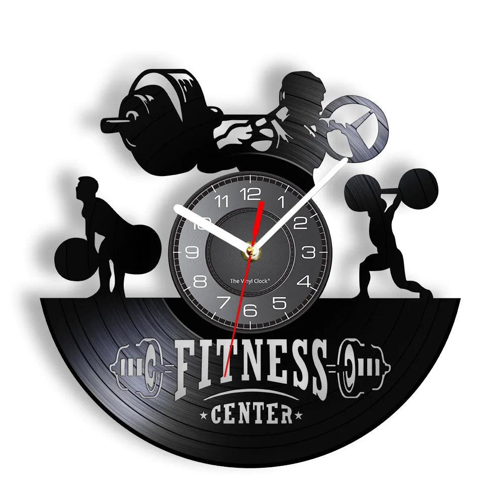 Fitness Equipment Theme Vinyl Record Fitness Wall Clock Home Decoration LED Backlight Modern Fitness Watch - Sun Studio