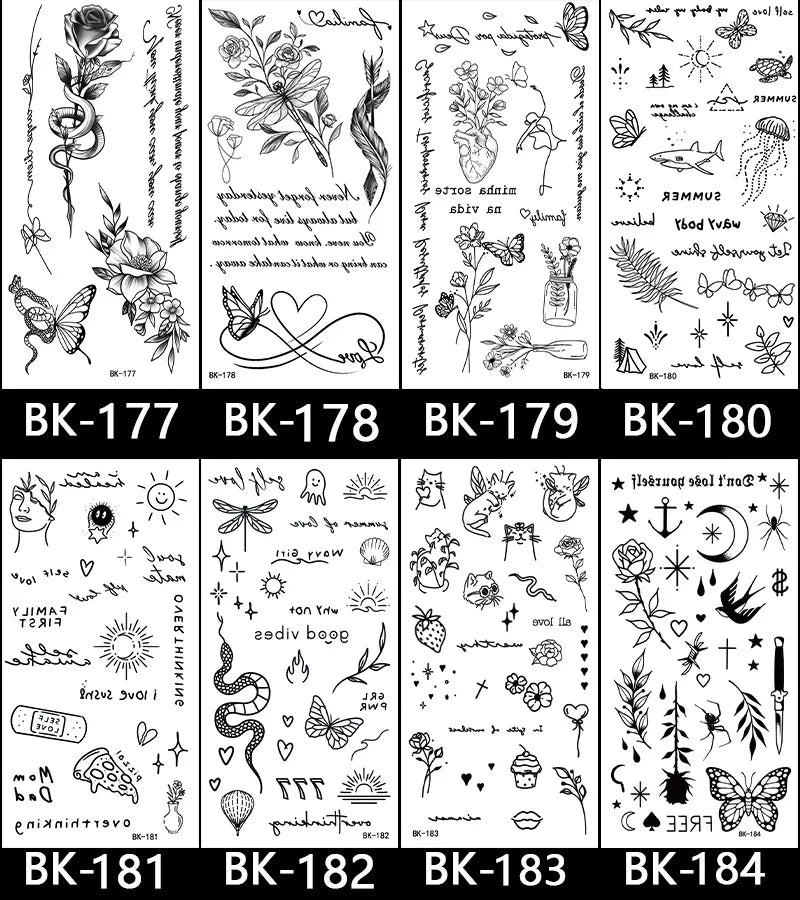 Black White Temporary Transfer Tattoos Floral Butterfly Lettering Line Art Waterproof Body Stickers for Music Festival Party - Sun Studio