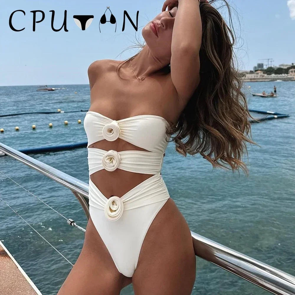 2026 Neu Sexy Weiß 3D Blume Einfarbig Zweiteilig Push Up Bikini Set Luxus Badebekleidung Damen Badeanzug Strandmode Sommer Badeanzug