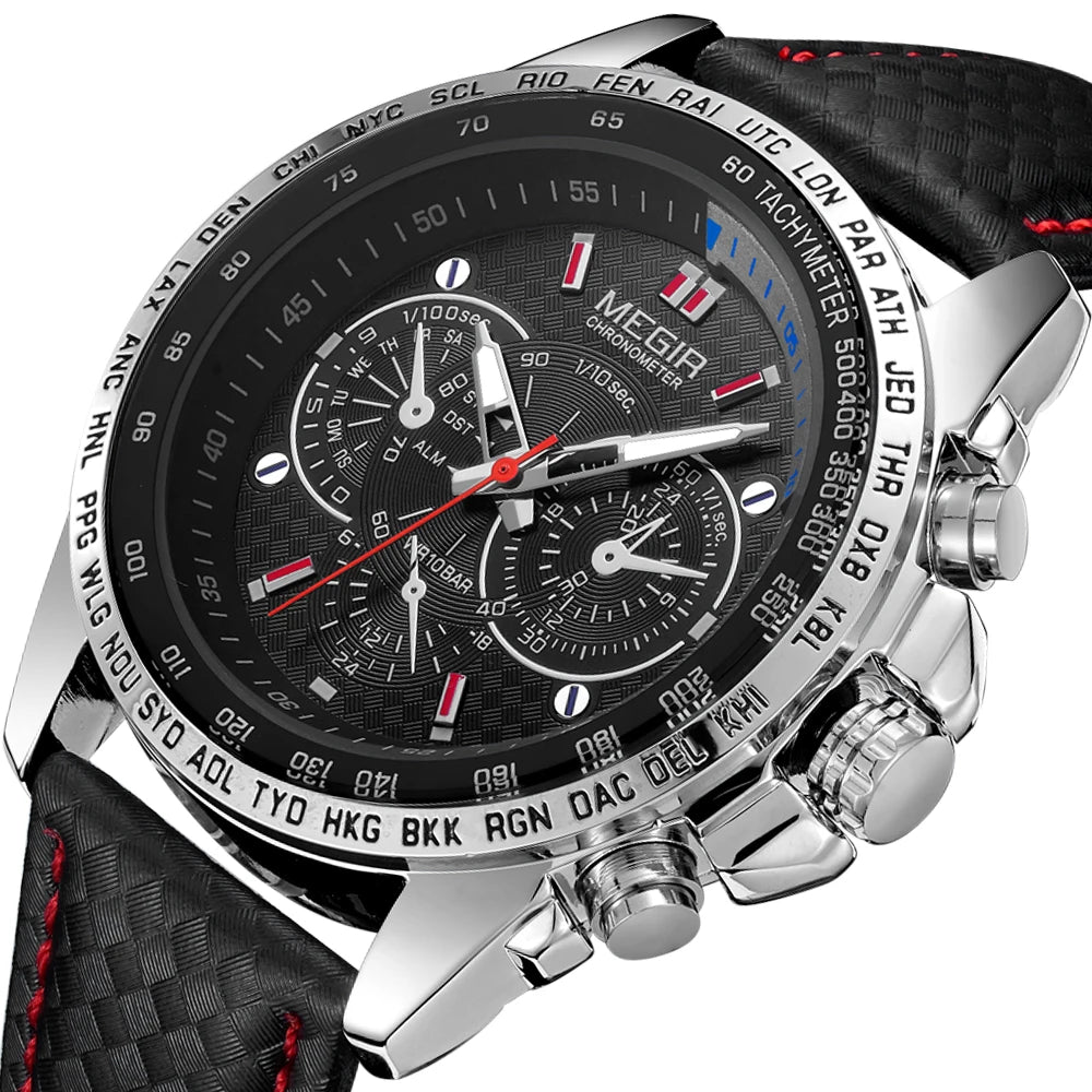 MEGIR Fashion Man's Quartz Analog Wristwatch Brand Waterproof Luxury Leather Watches for Men Casual Black Watch Male 1010 - Sun Studio