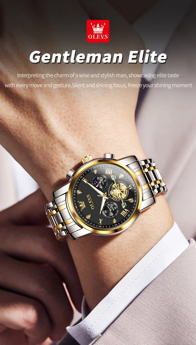 OLEVS Men's Watches Classic Multifunctional Flywheel Design Stainless steel Waterproof Moon Phase Men's Wristwatches 2024 Trend - Sun Studio