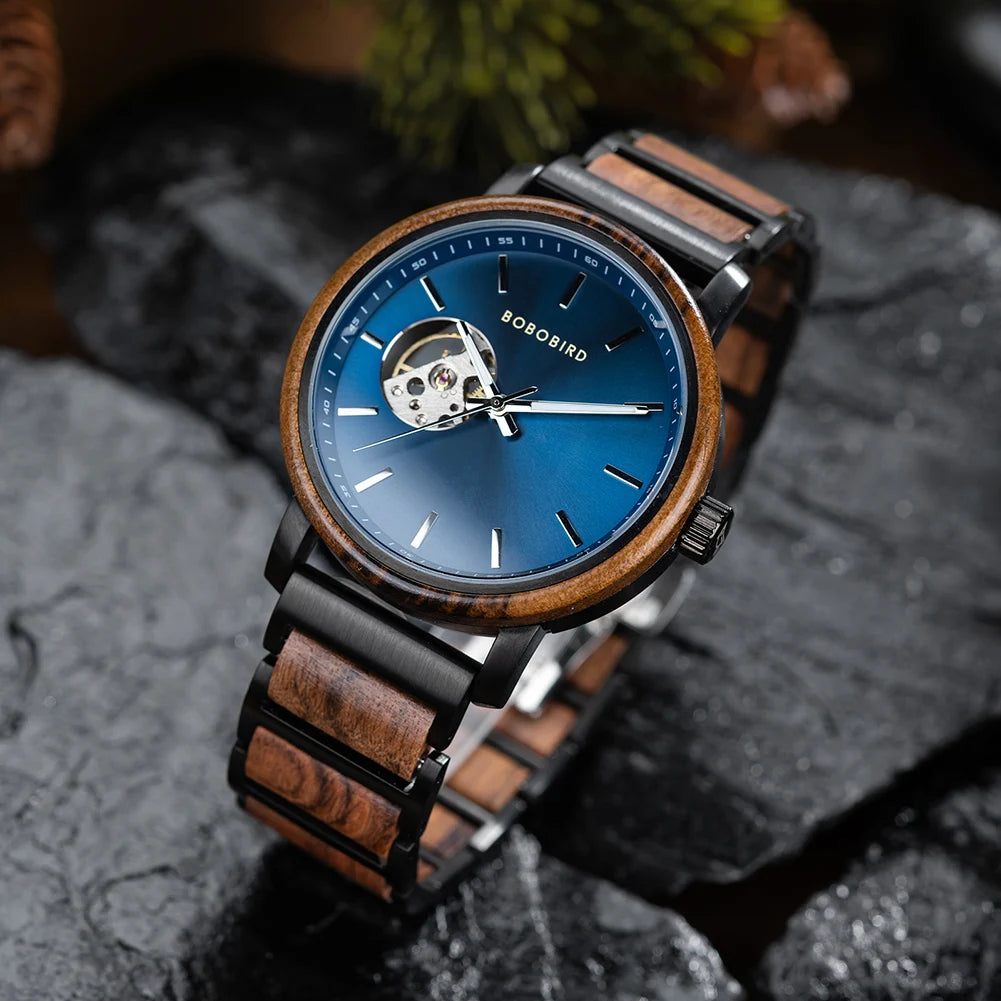 BOBO BIRD New Mechanical Watches for Men Luxury Wood and Stainless Steel Skeleton Customized Automatic Watch relojes mecánicos - Sun Studio