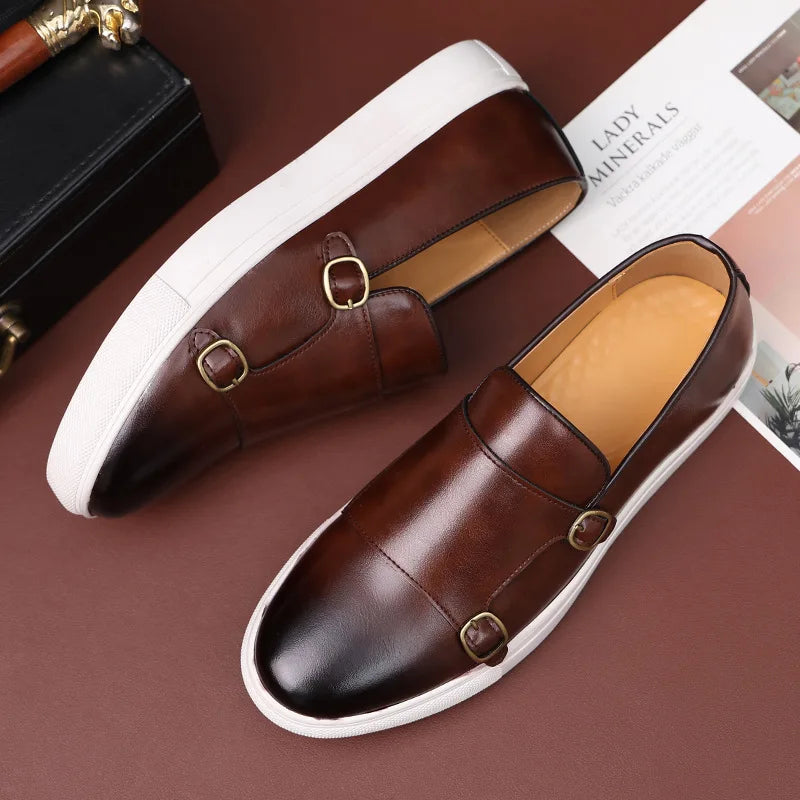 Fashion Man Casual Shoes Leather Men's Retro British Style Loafers Slip-on Outdoor Flats Double Monk Business Daily Shoe - Sun Studio