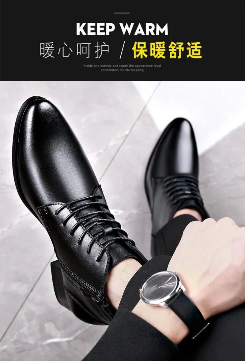 Men's Boots Fashion High-top Casual Boot Pointed Tip Business Leather Boots for Men Plush Warm Winter Boots Lace Up Ankle Botas - Sun Studio