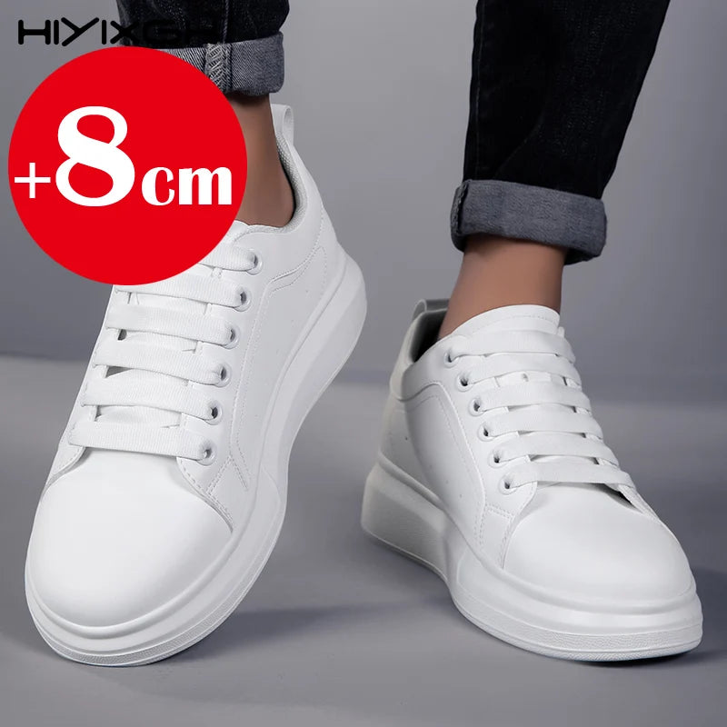 New men's leather elevator shoes 6 cm 8 cm invisible height increase white black sneakers leather height increase casual shoes - Sun Studio