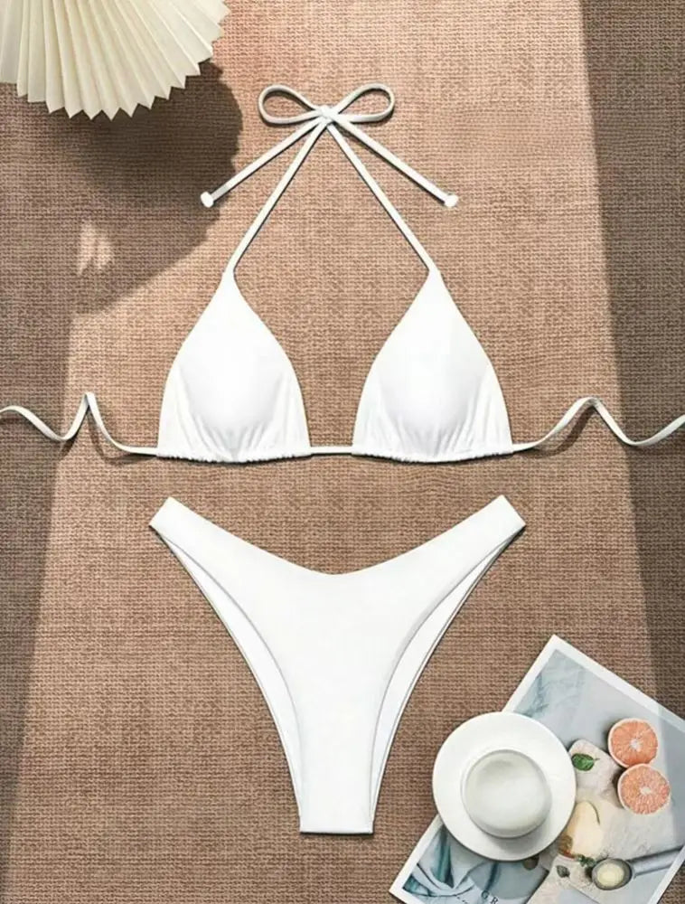 New Halter Bikini Women Solid Color Two-Piece Set Sexy Split Swimsuit Yellow Red Black Coffee White Pink Lace Up Bathing Suit - Sun Studio