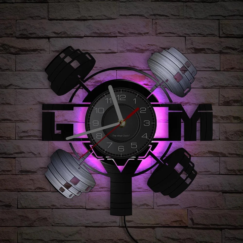 Fitness Equipment Thema Vinyl Schallplatte Fitness Wanduhr Heimdekoration LED Hintergrundbeleuchtung Moderne Fitness Uhr