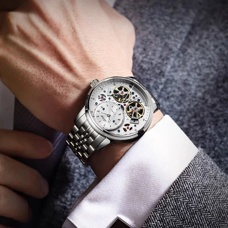 AILANG Brand New Luxury Double Tourbillon Watch for Men Stainless Steel Strap Waterproof Fashion Mechanical Watches Mens - Sun Studio