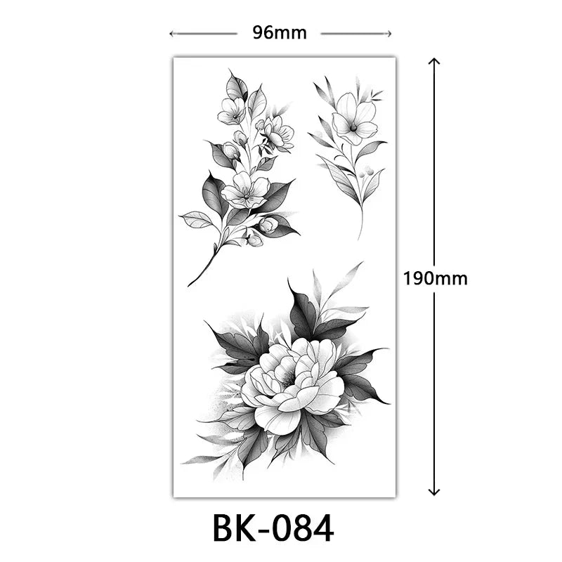 Rosenblüten-Tattoo Temporäres wasserdichtes Schmetterlings-Fake-Tattoo für Frauen Schwarzes Blumen-Skizzen-Tattoo-Aufkleber