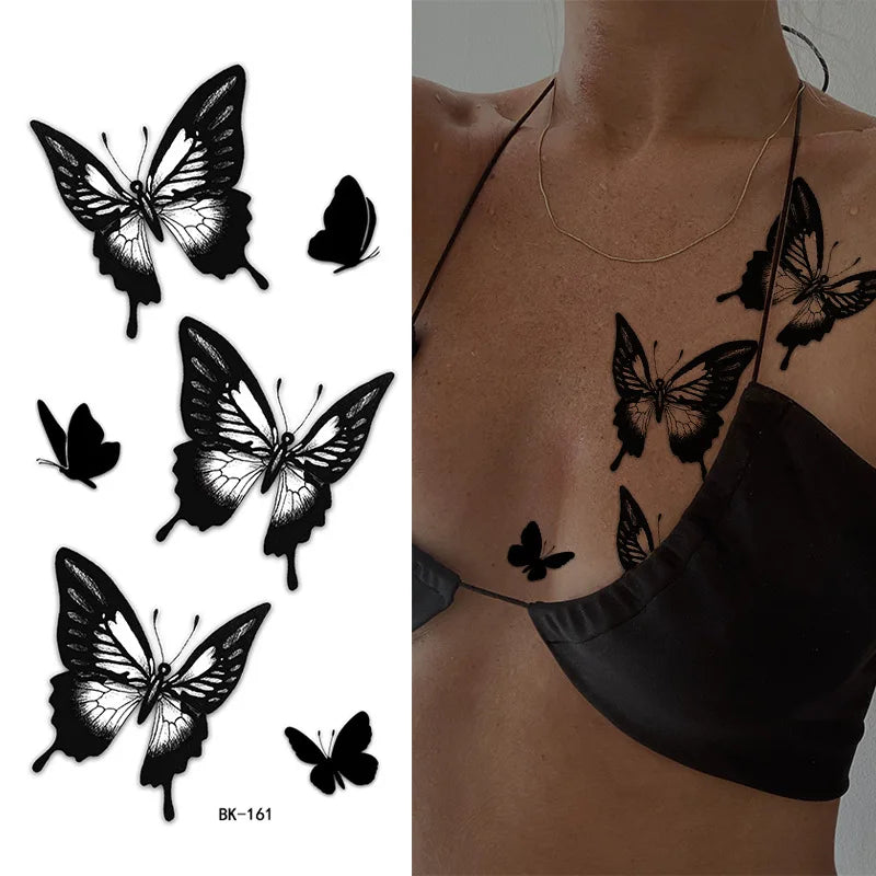 Schwarz Weiß Temporäre Transfer Tattoos Florale Schmetterlinge Schriftzüge Linienkunst Wasserfeste Körperaufkleber für Musikfestival Party