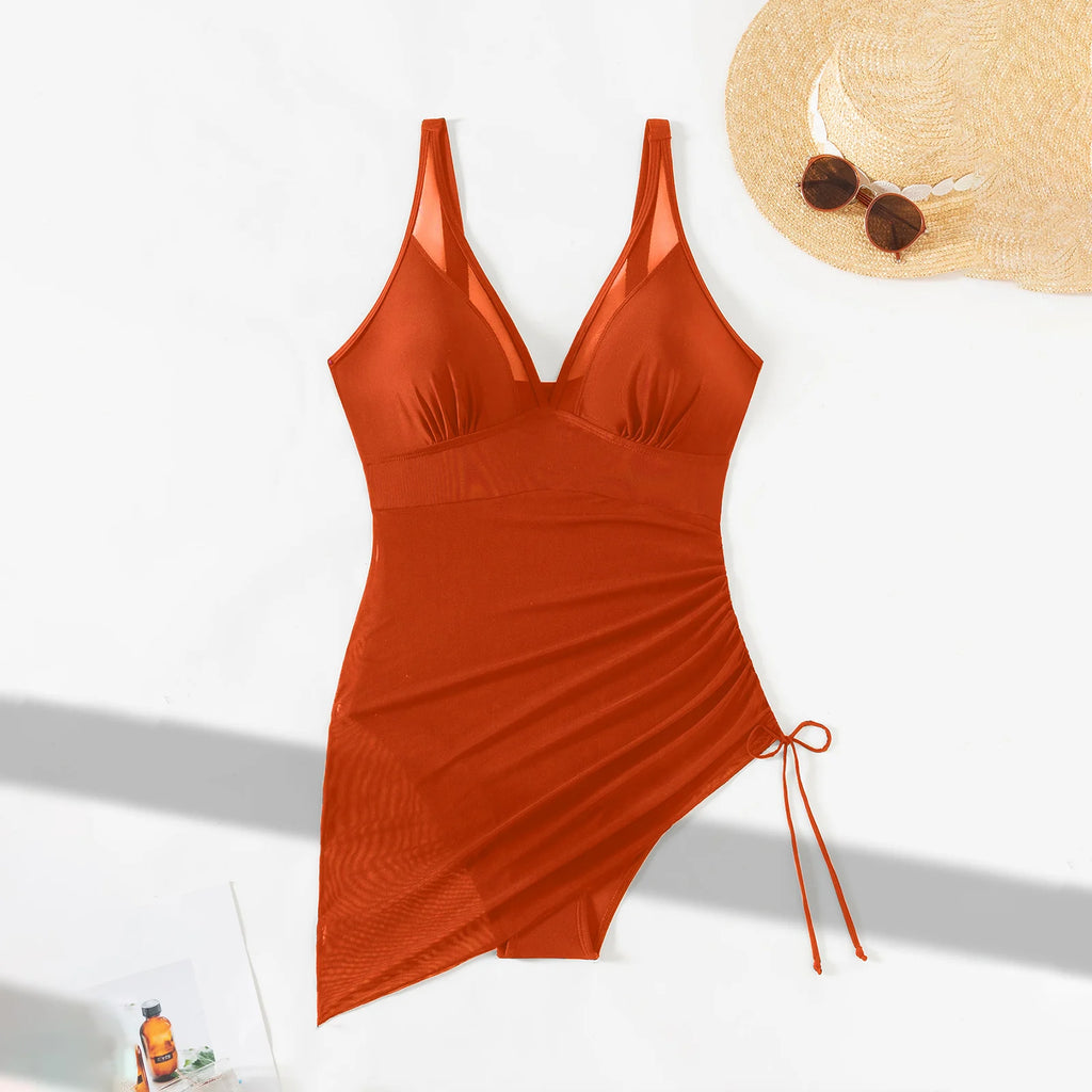 Women‘s Swimdress Summer 2025 New Sleeveless V Neck U Ring Bathing Suit Drawstring Mesh Sheer Tankini Swimsuit Swimwear - Sun Studio