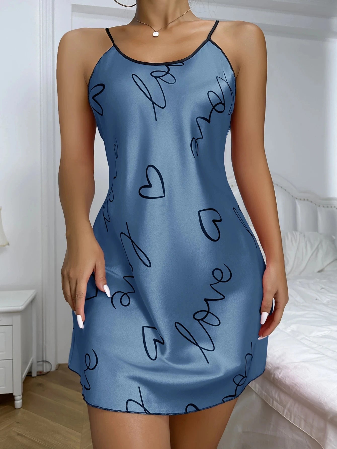 Heart Letter Print Nightdress Casual Round Neck Spaghetti Strap Sleep Dress Women's Sleepwear Dresses - Sun Studio