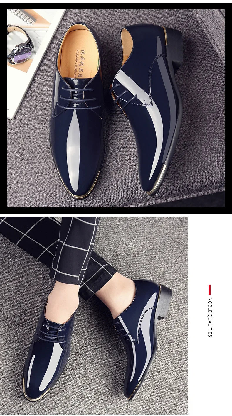 2024 New Men’s Patent Leather Shoes  British Style Men's Dress Shoes Lace Up Pointed Toe Wedding Business Party Social Shoe Male - Sun Studio