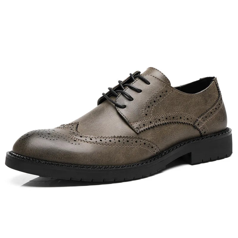 Handmade Mens Wingtip Oxford Shoes Grey Leather Brogue Men's Dress Shoes Classic Business Formal Shoes for Men 56 - Sun Studio