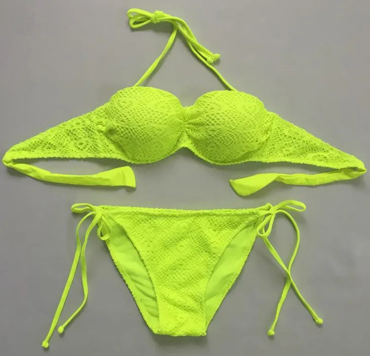 Bikini Solid Strappy Bandage Bikinis Set White Push Up Bikini Swimwear Bandeau Brazilian Swimsuit Bathing Suit Maillot De Bain - Sun Studio