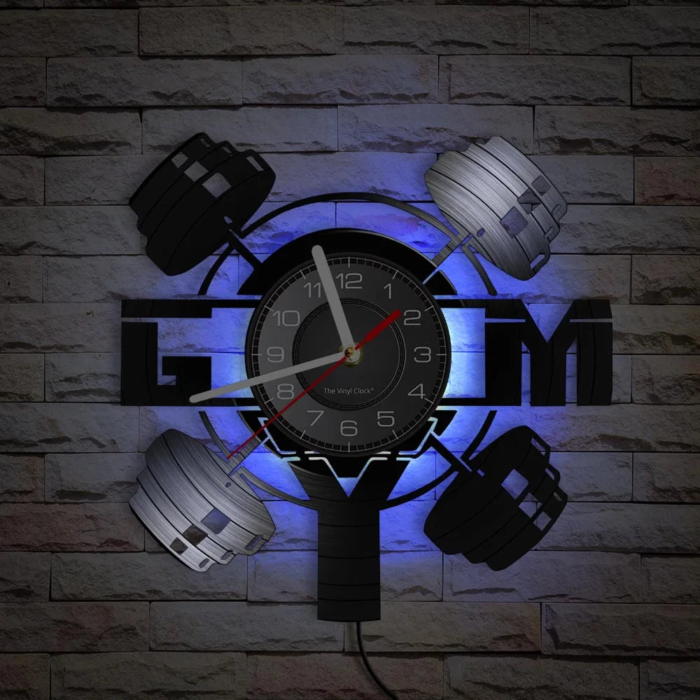 Fitness Equipment Thema Vinyl Schallplatte Fitness Wanduhr Heimdekoration LED Hintergrundbeleuchtung Moderne Fitness Uhr