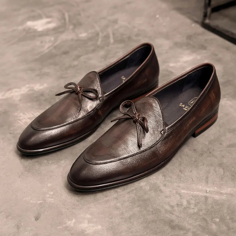 Genuine Leather Men Loafers Handmade Square Toe Butterfly-knot  Solid Handmade  Zapatos De Vestir Hombre - Sun Studio