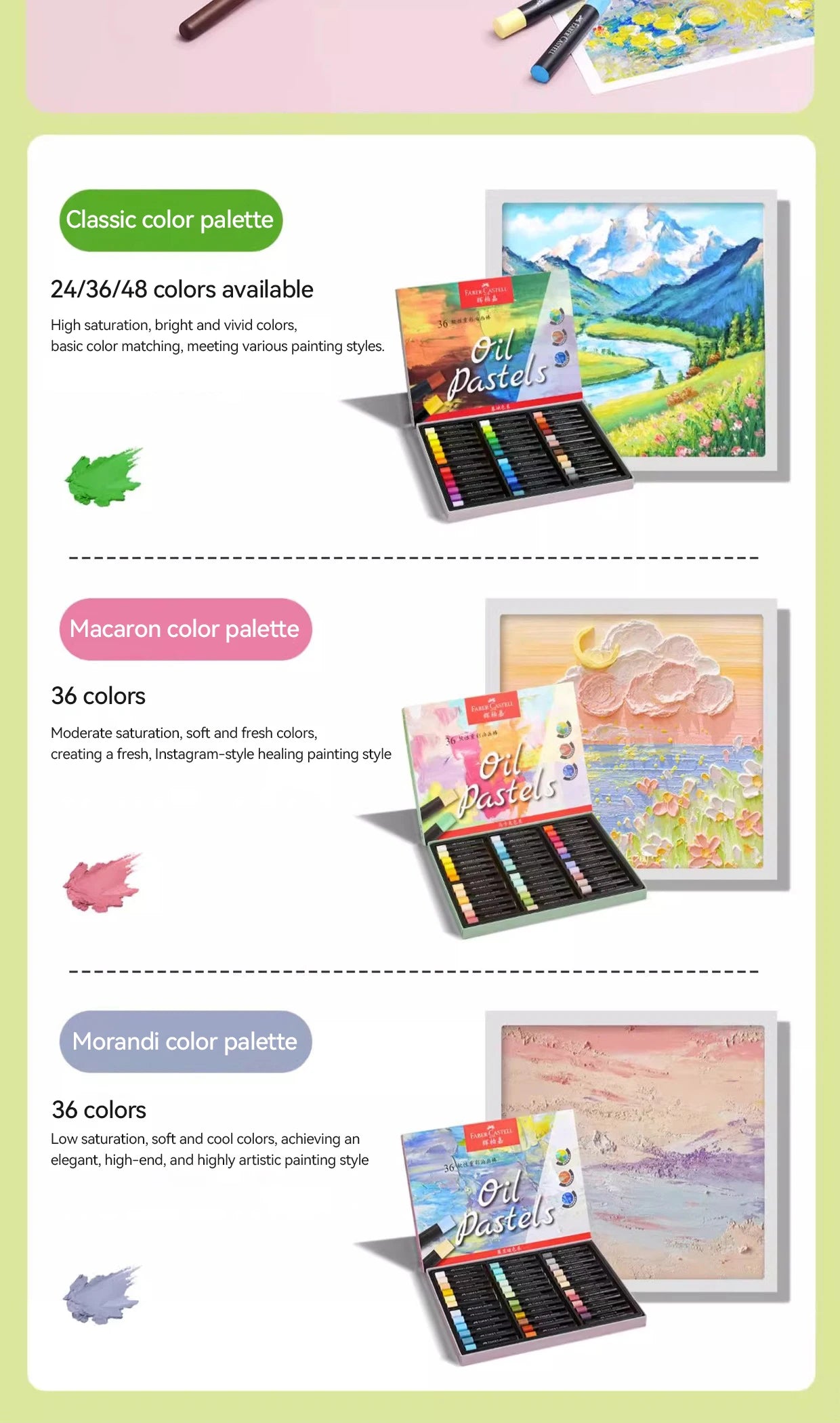 Faber-Castell Soft Oil Pastel Set 24/36/48 Vibrant Colors Creamy Texture Bullet Head Chalk for Artist Painting Drawing Beginners - Sun Studio