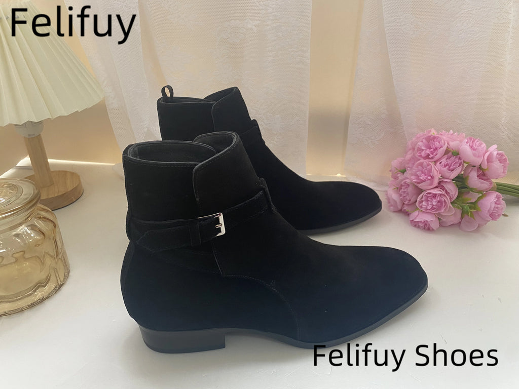 Black Pointed Toe Buckle Strap Ankle Boots Grey Men Hombre Genuine Leather Men Motorcycle Boots For Men Work High Top Men Shoes - Sun Studio